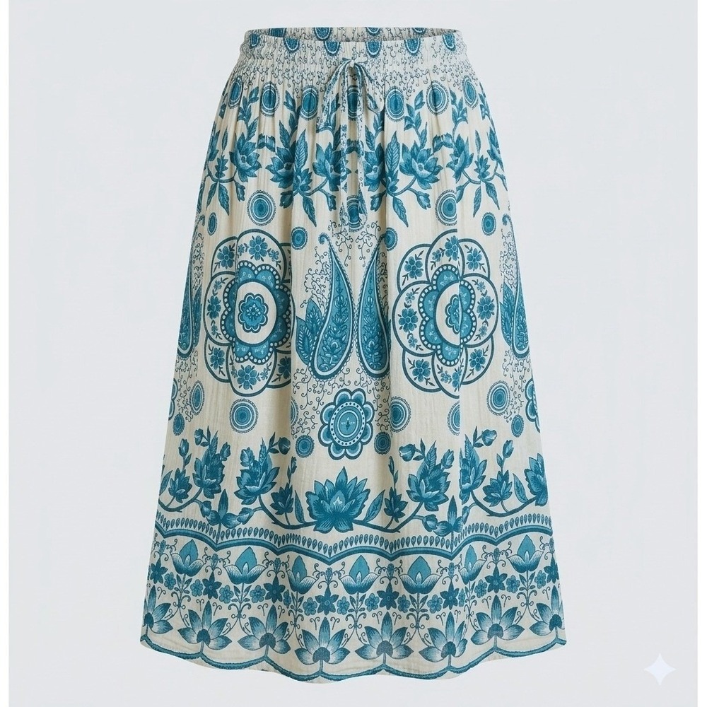 Nina Leslie Cotton Gauze Bohemian Peasant Skirt Vintage Blue White Block Print